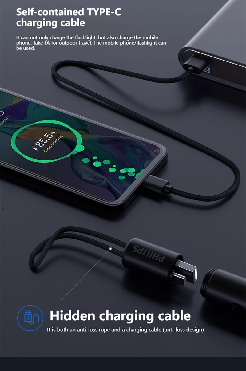 Philips Lanterna Portátil 7 Modos De Iluminação Para Caminhadas E Viagem Auto Defesa