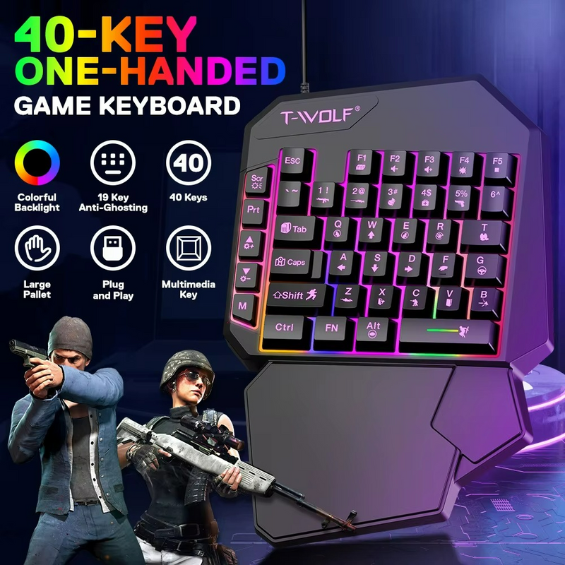 T-WOLF - Kit Teclado e Mouse Gamer Luminoso Teclado de Uma Mão Ergonômico