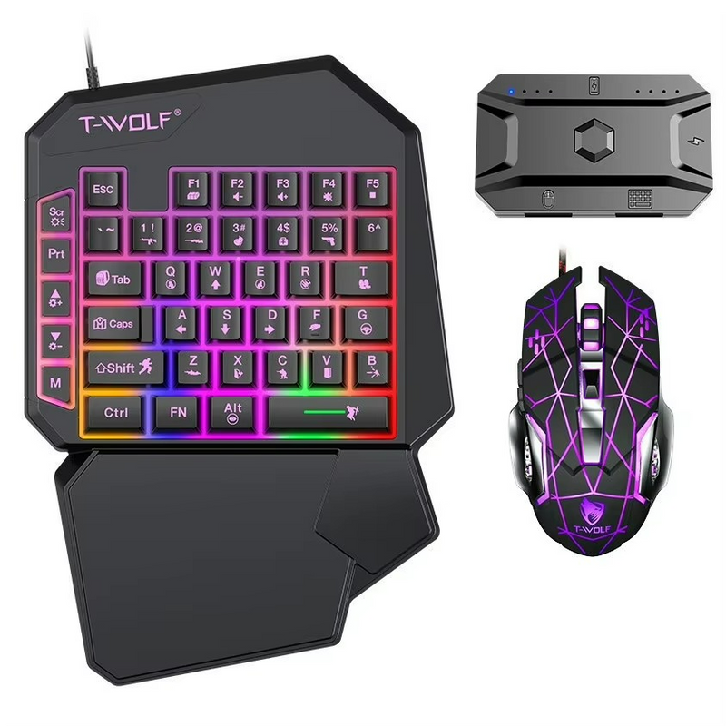T-WOLF - Kit Teclado e Mouse Gamer Luminoso Teclado de Uma Mão Ergonômico