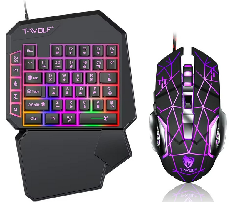 T-WOLF - Kit Teclado e Mouse Gamer Luminoso Teclado de Uma Mão Ergonômico