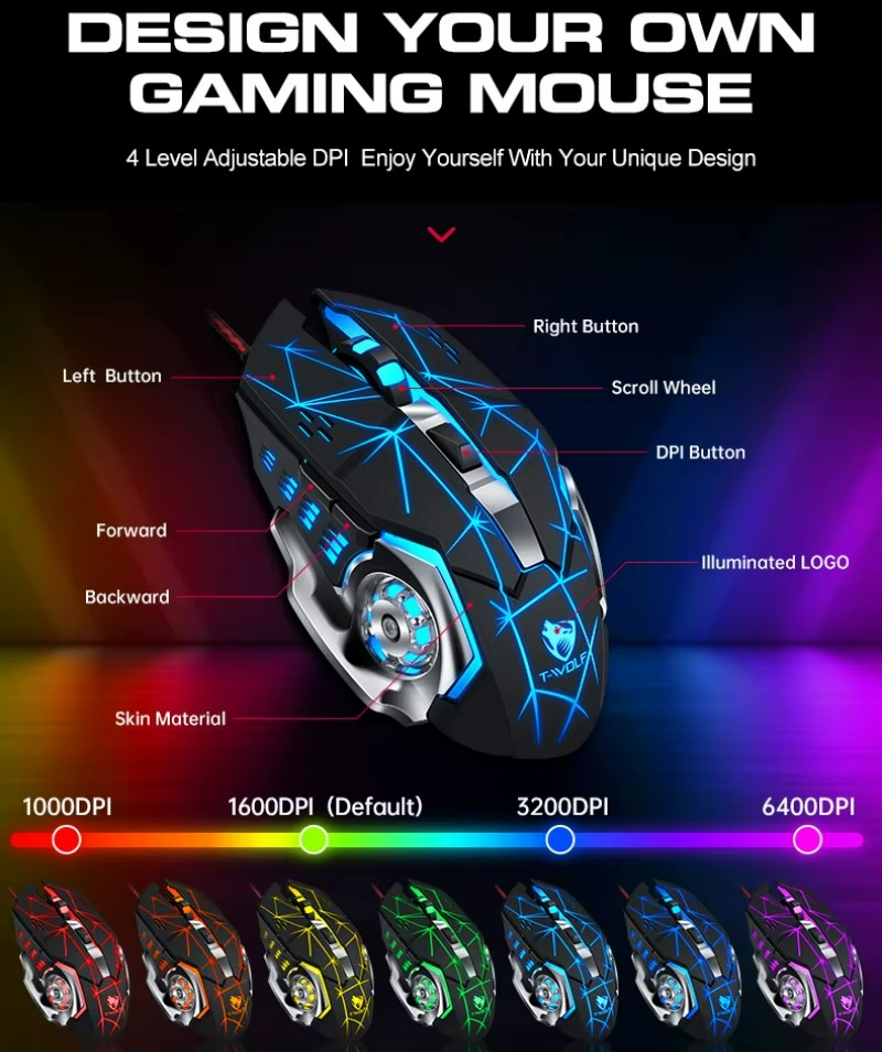 T-WOLF - Kit Teclado e Mouse Gamer Luminoso Teclado de Uma Mão Ergonômico