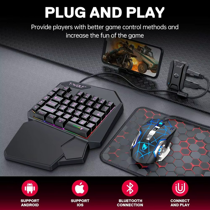 T-WOLF - Kit Teclado e Mouse Gamer Luminoso Teclado de Uma Mão Ergonômico