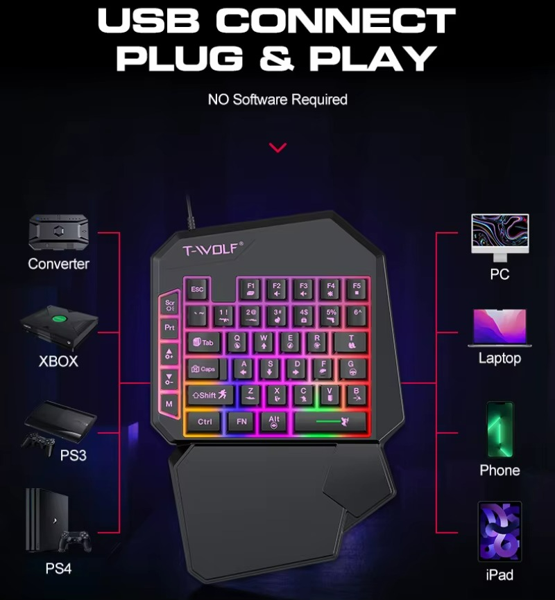 T-WOLF - Kit Teclado e Mouse Gamer Luminoso Teclado de Uma Mão Ergonômico