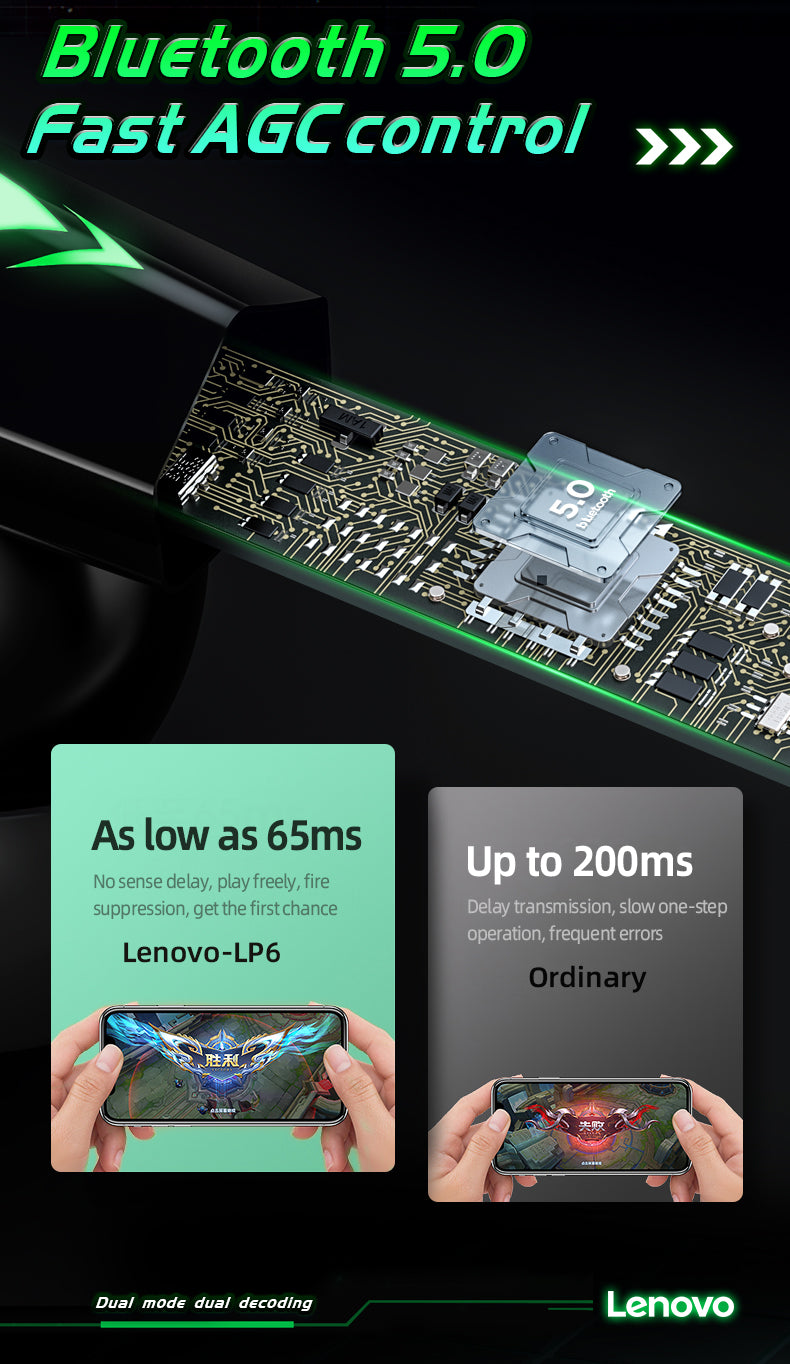 Fone De Ouvido Lenovo-LP6 TWS Gaming com redução de ruido